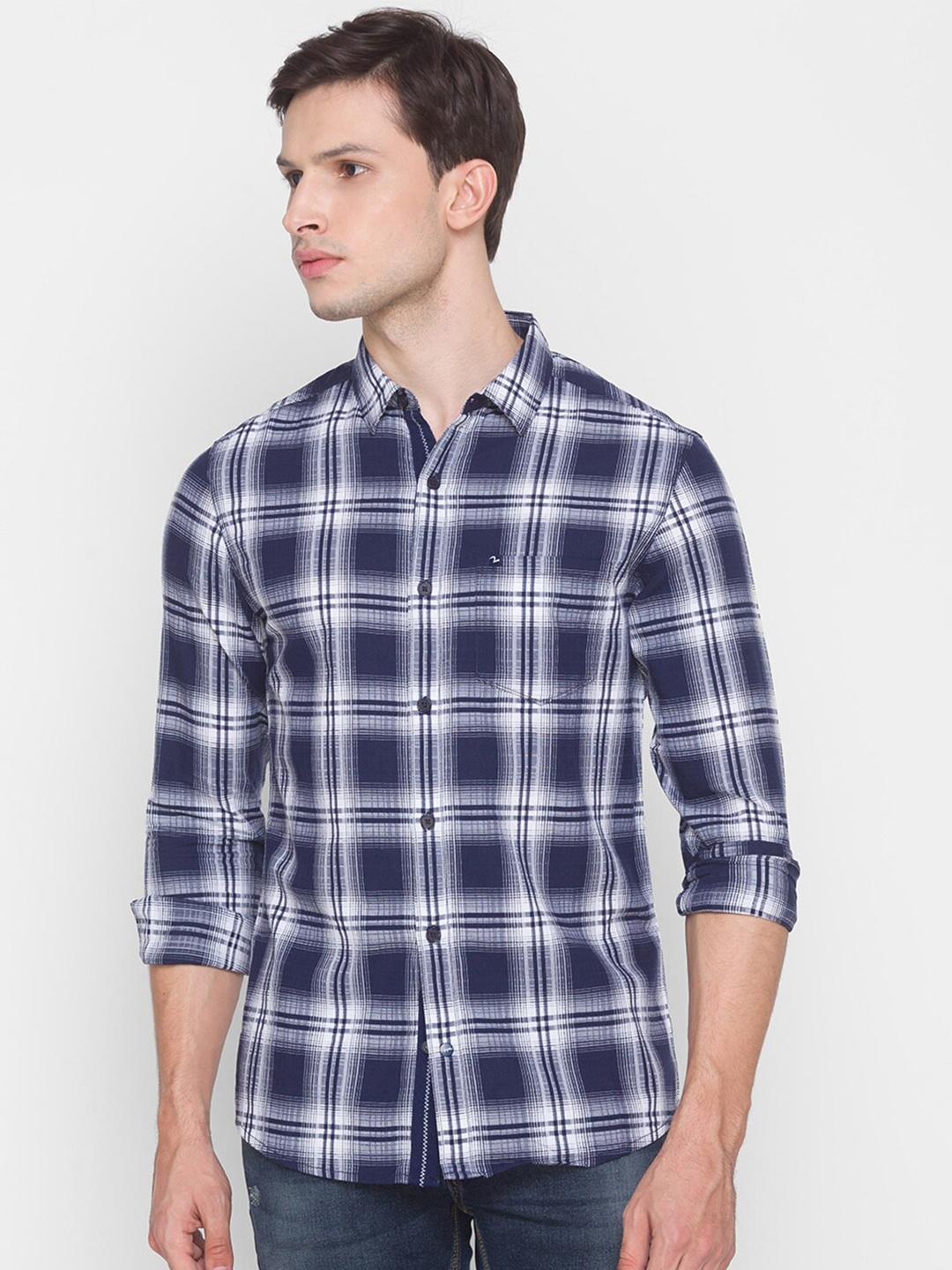 

SPYKAR Men Navy Blue & White Tartan Checked Cotton Casual Shirt