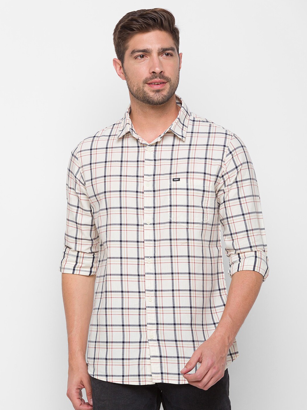 

SPYKAR Men Beige Slim Fit Windowpane Checks Checked Casual Shirt