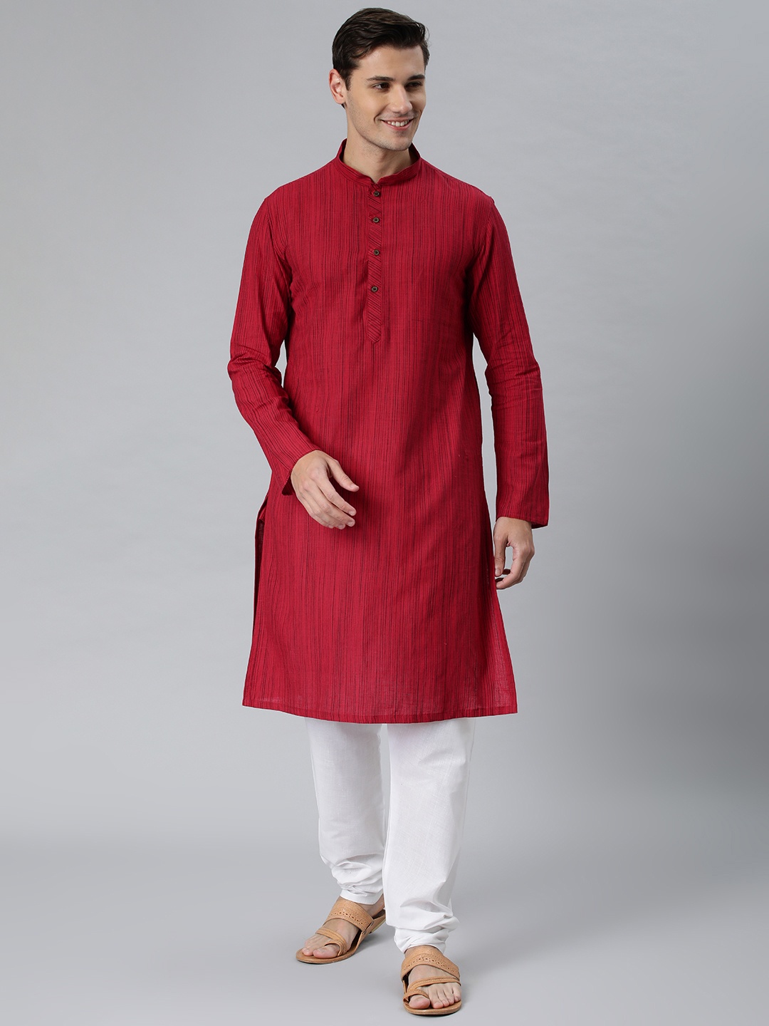 

Manthan Red Solid Mandarin Collar Cotton Kurta