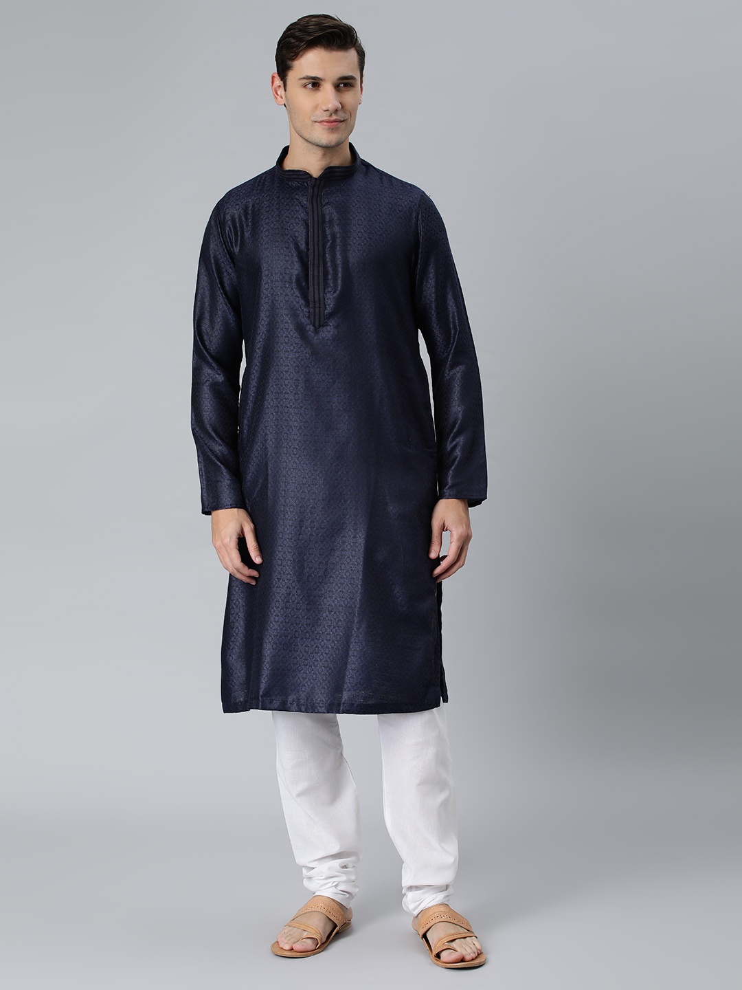 

Manthan Navy Blue Solid Art Silk Kurta