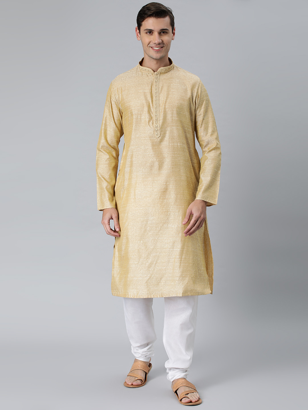 

Manthan Golden Solid Art Silk Kurta, Gold