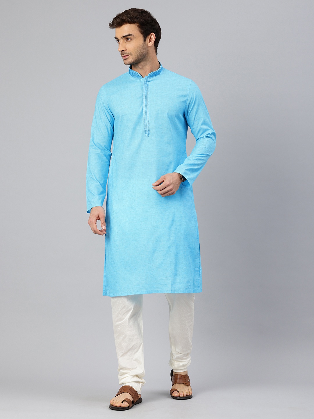 

Manthan Men Thread Work Mandarin Collar Pure Cotton Kurta, Blue