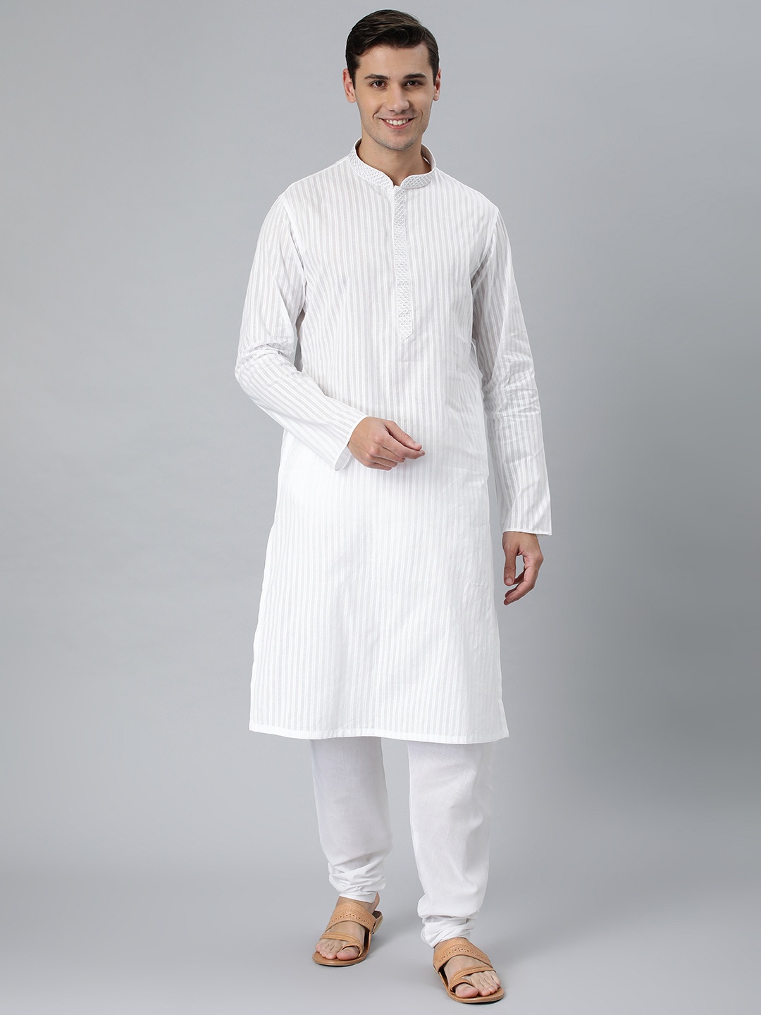 

Manthan White Striped Cotton Kurta
