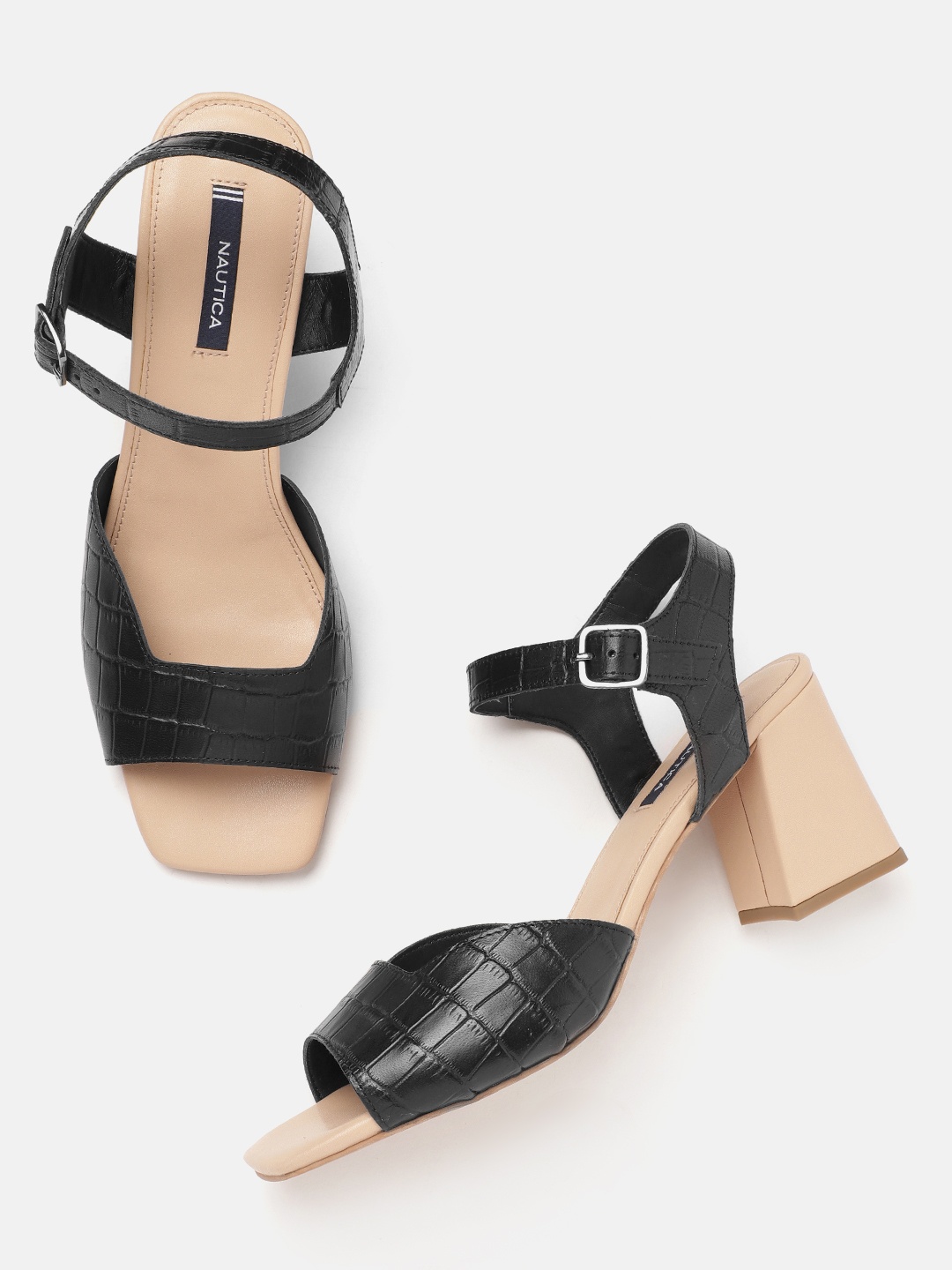 Nautica Croc Textured Block Heel Sandals, Black