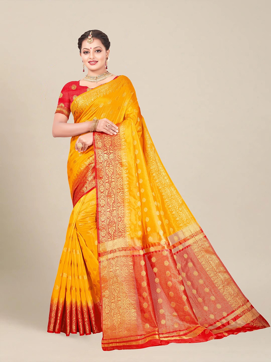 

MS RETAIL Yellow & Red Woven Design Zari Silk Blend Kanjeevaram Saree