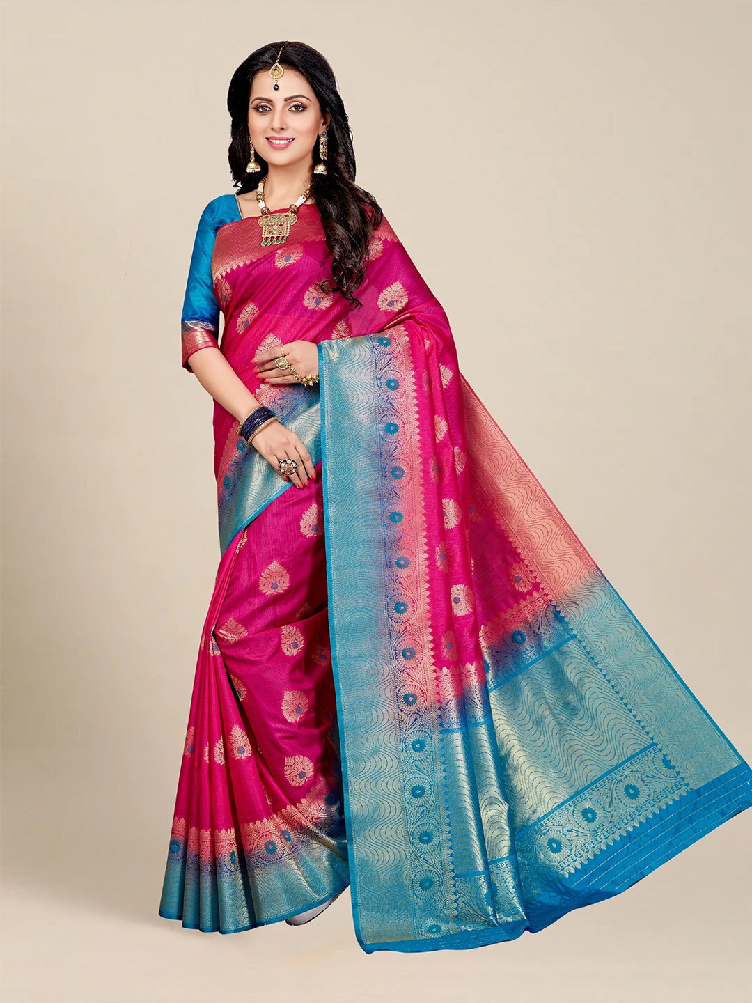 

MS RETAIL Pink & Blue Woven Design Zari Silk Blend Kanjeevaram Saree