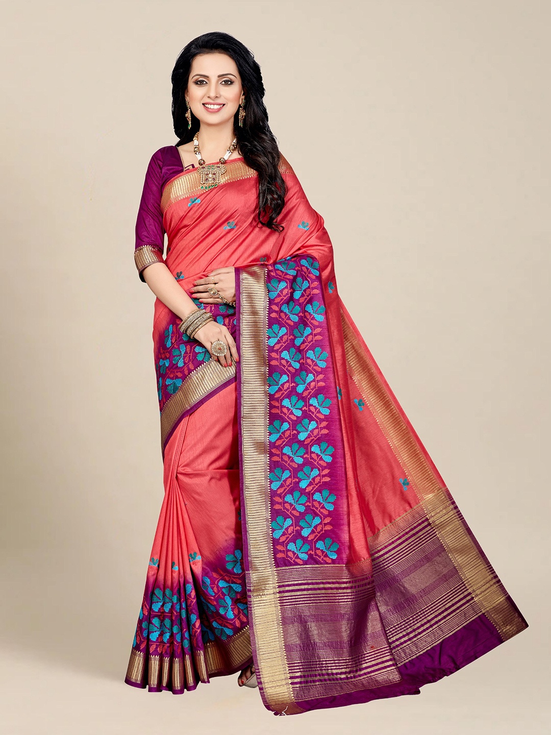 

MS RETAIL Pink & Peach-Coloured Floral Zari Silk Blend Kanjeevaram Saree