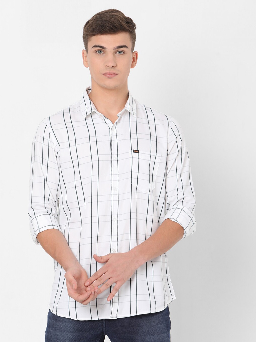 

SPYKAR Men White Slim Fit Windowpane Checked Casual Shirt