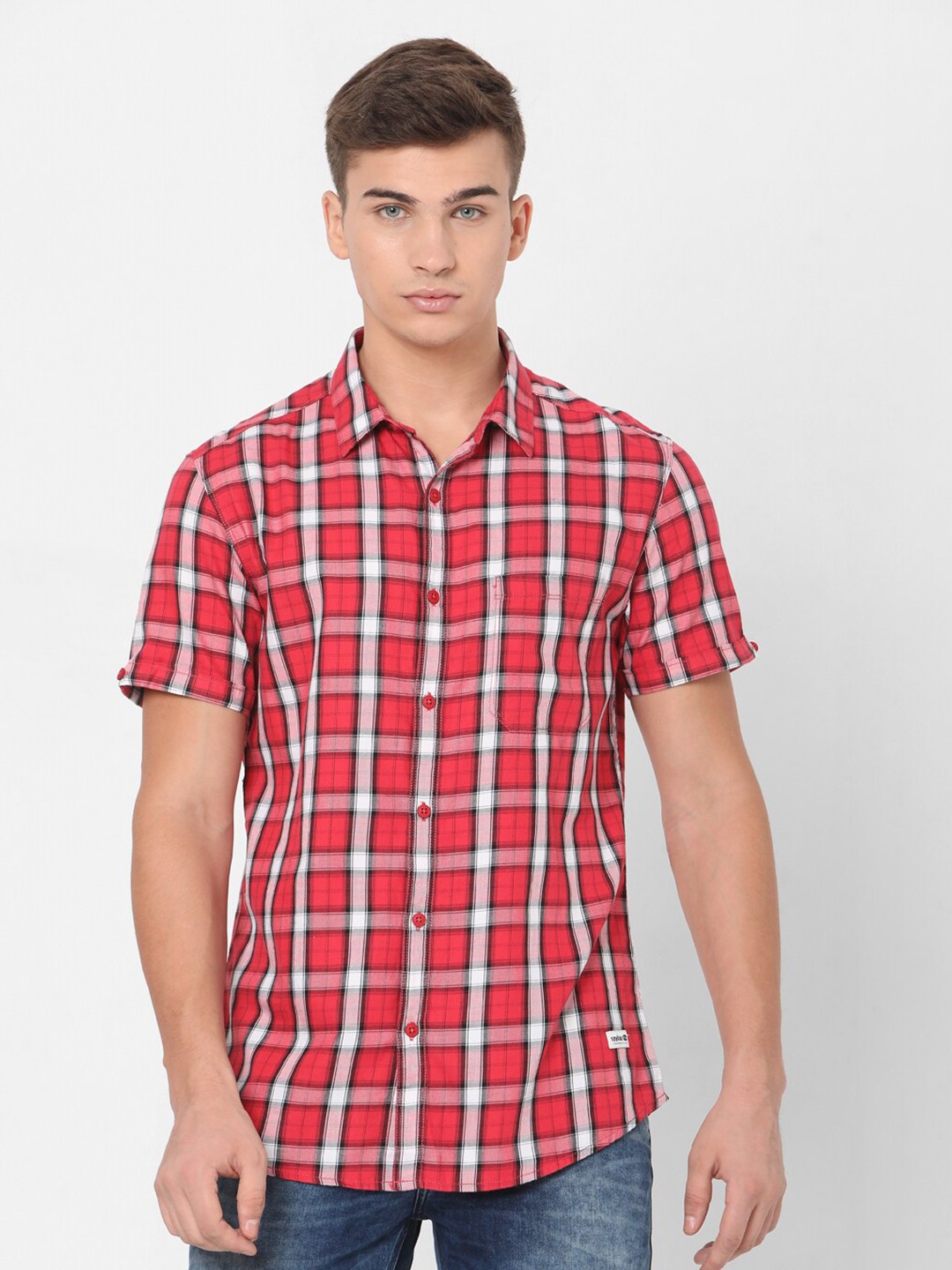 

SPYKAR Men Red And White Tartan Check Slim Fit Cotton Casual Shirt