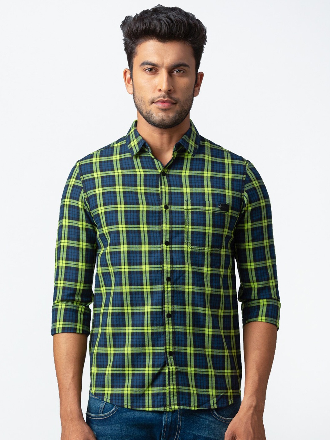 

SPYKAR Men Lime Green And Blue Tartan Check Slim Fit Cotton Casual Shirt