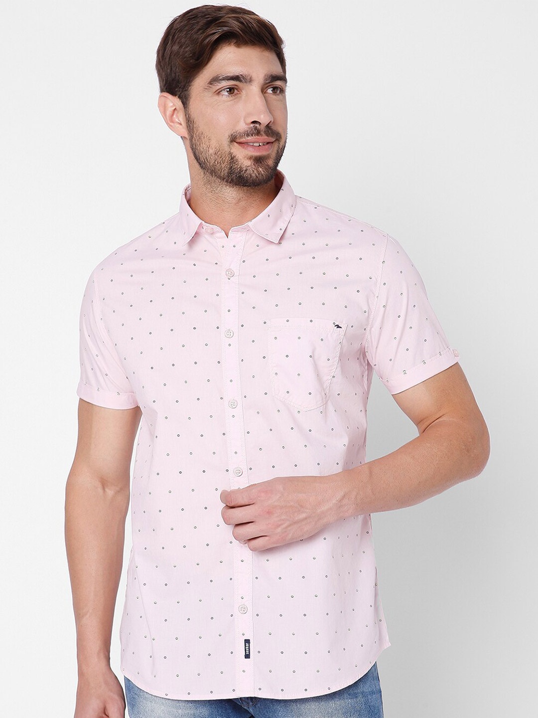 

SPYKAR Men Light Pink Micro Ditsy Print Slim Fit Cotton Casual Shirt