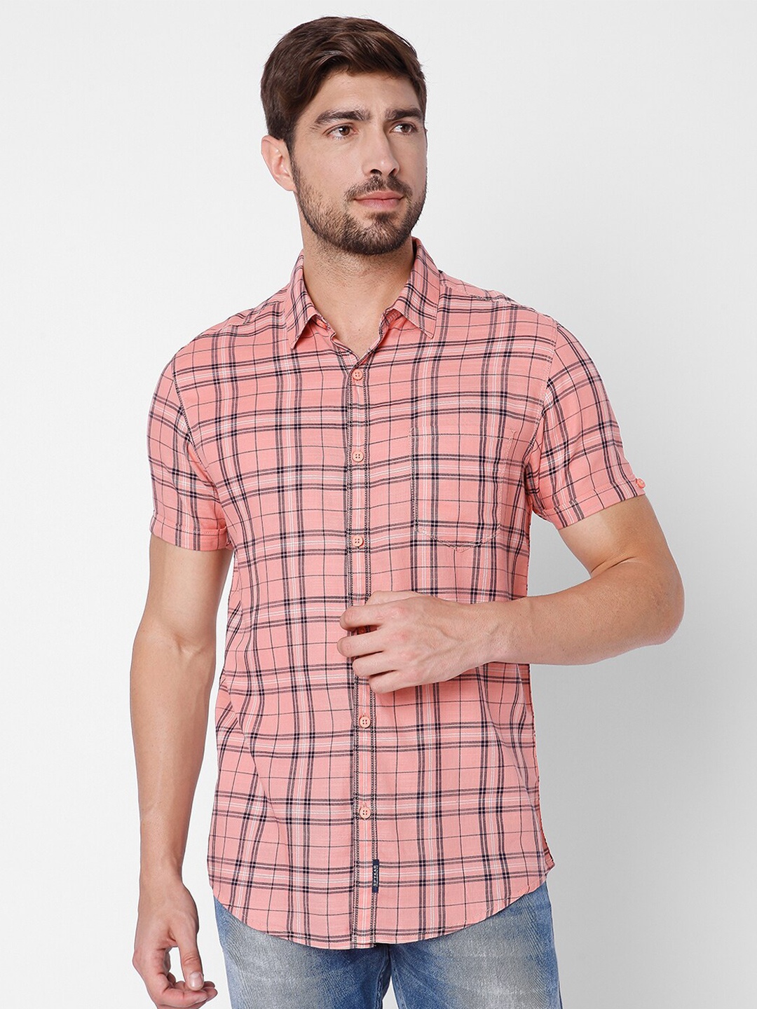 

SPYKAR Men Pink Slim Fit Tartan Checked Cotton Casual Shirt