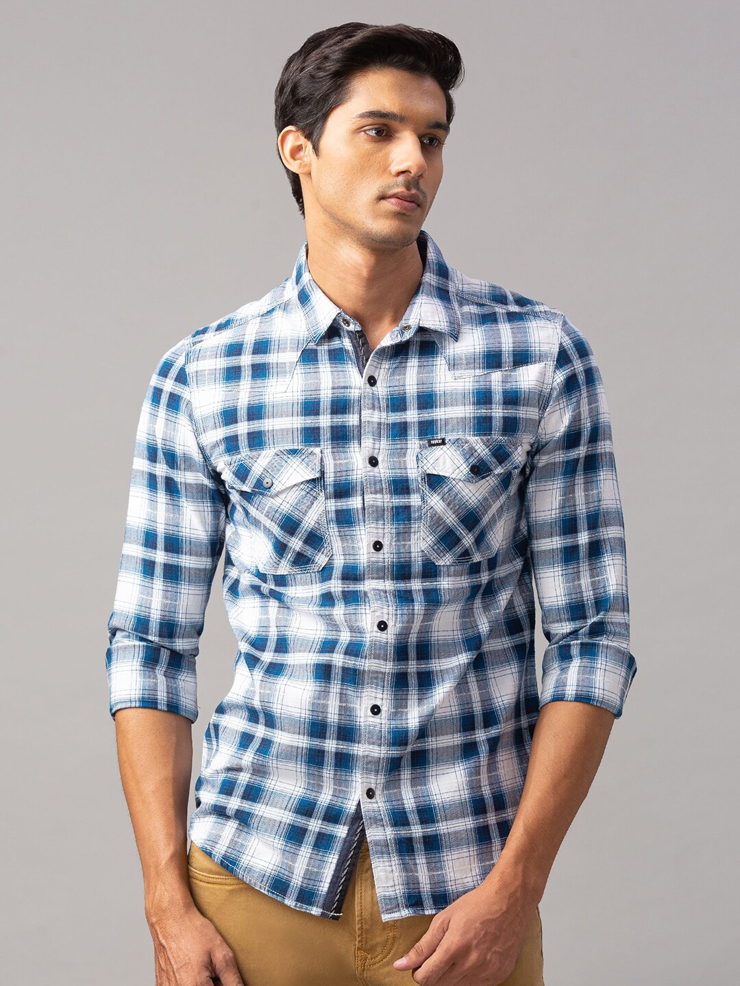 

SPYKAR Men Blue Slim Fit Tartan Checked Casual Cotton Shirt