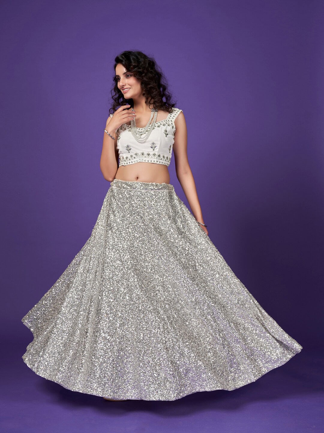 

SHOPGARB White & Silver-Toned Embellished Sequinned Semi-Stitched Lehenga & Unstitched Blouse With Dupatta