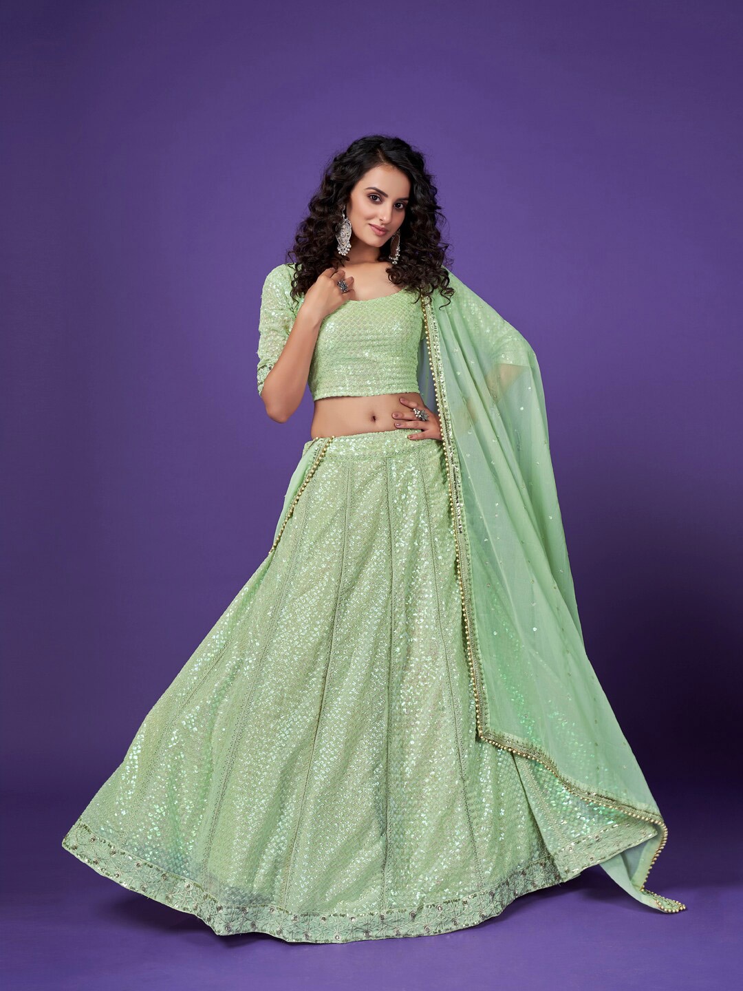 

SHOPGARB Green Sequins Embroidered Georgette Designer Lehenga Choli