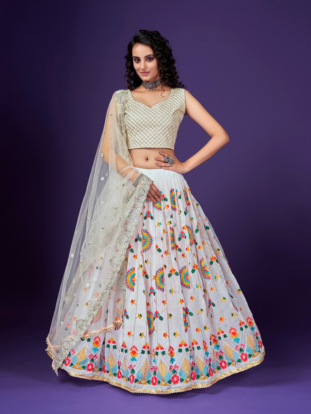 

SHOPGARB White & Multi Embroidered Festive Special Georgette Lehenga Choli