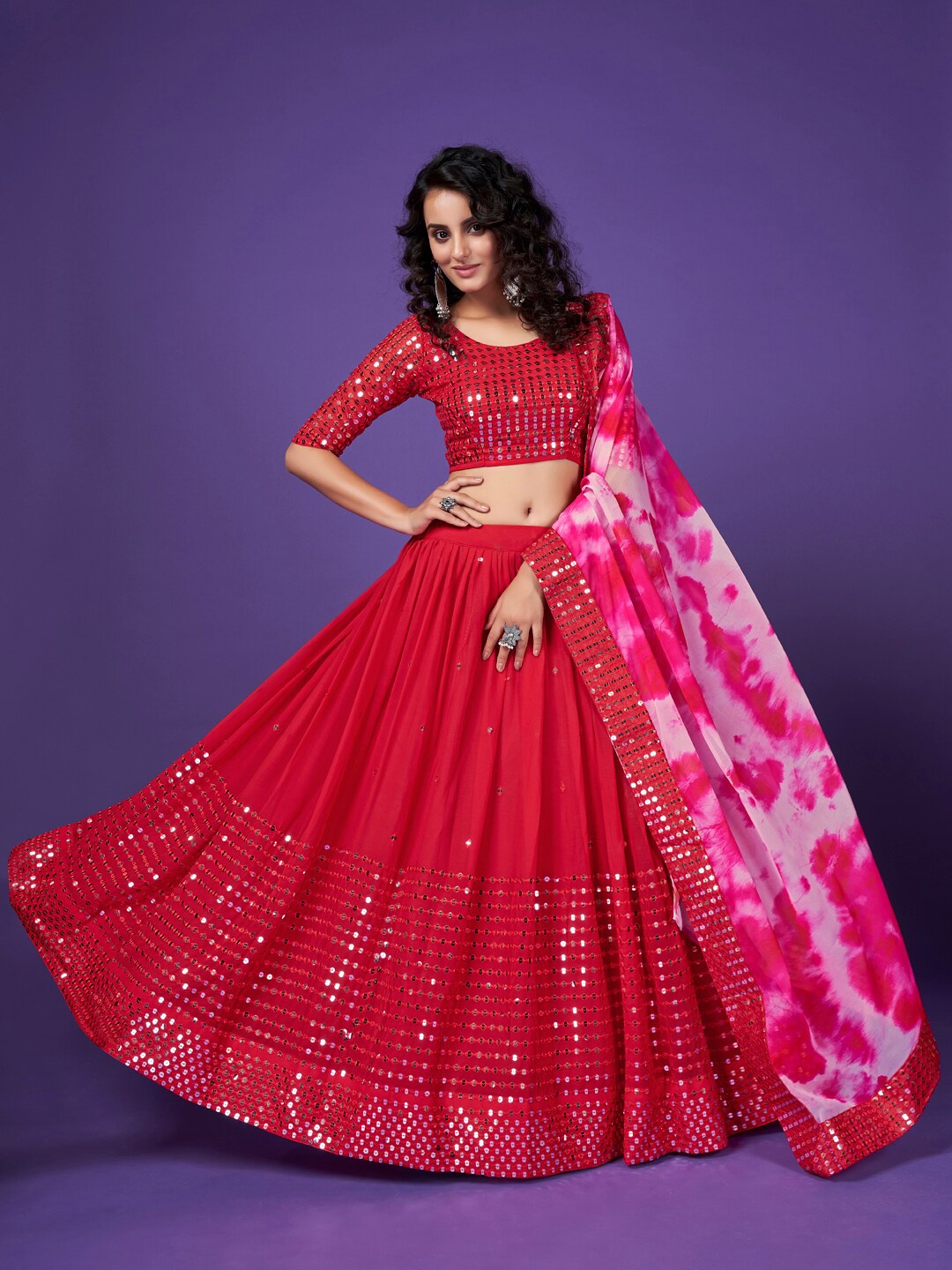 

SHOPGARB Red Sequins Embroidered Georgette Lehenga Choli