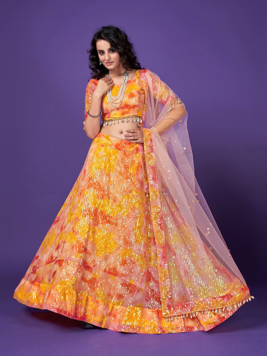 

SHOPGARB Yellow & Orange Sequins Embroidered Georgette Festive Lehenga Choli