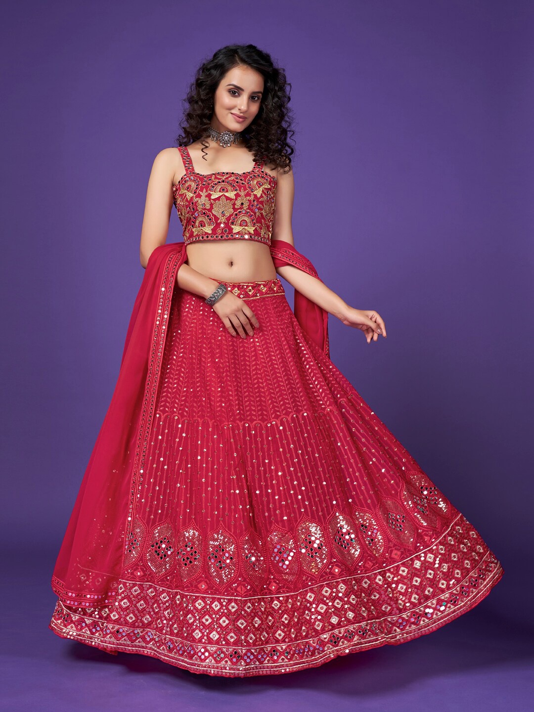 

SHOPGARB Red Sequins Embroidered Wedding Special Georgette Lehenga Choli With Dupatta