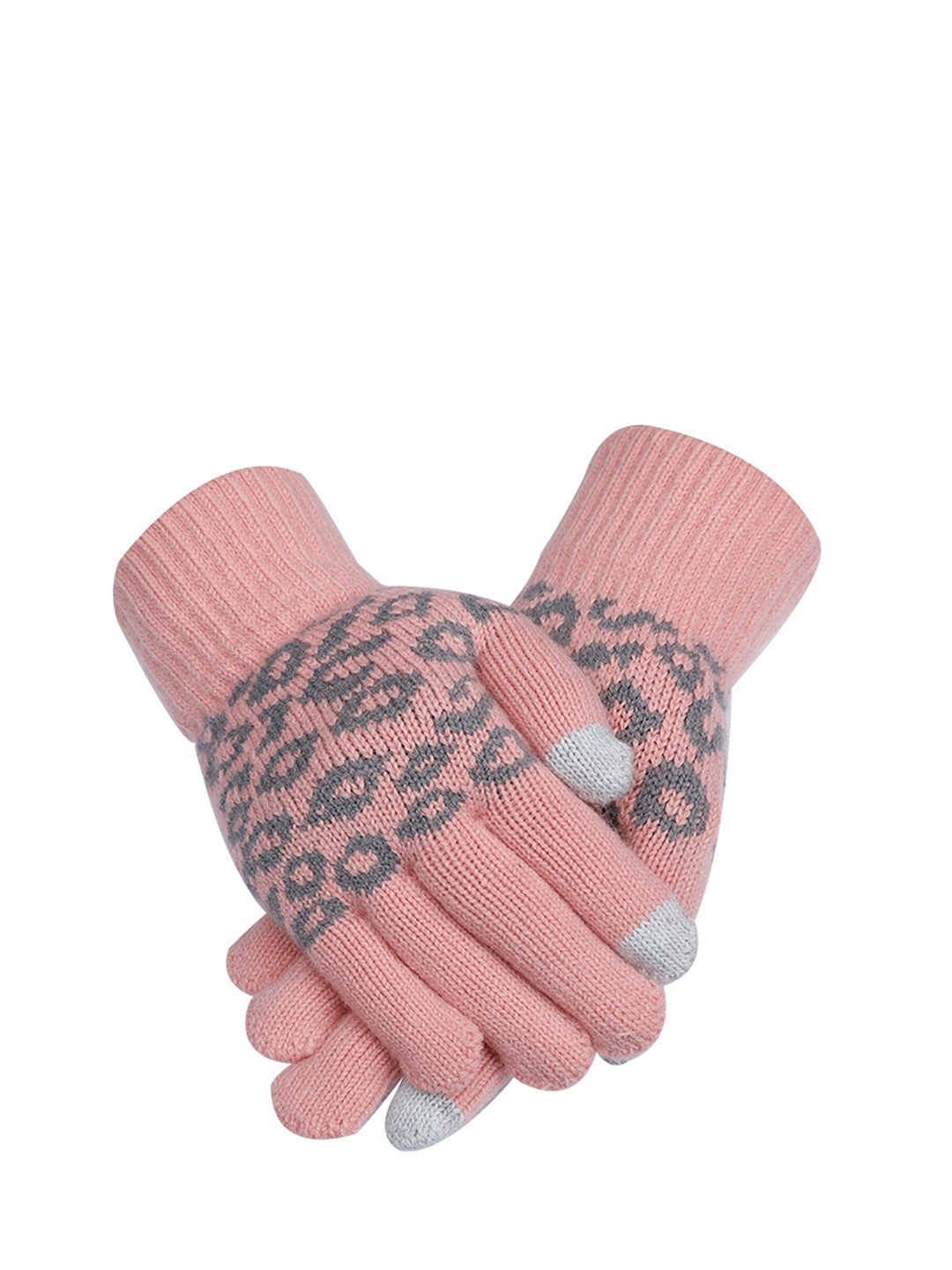 

LOOM LEGACY Women Pink & Grey Printed Acrylic Winter Hand Gloves