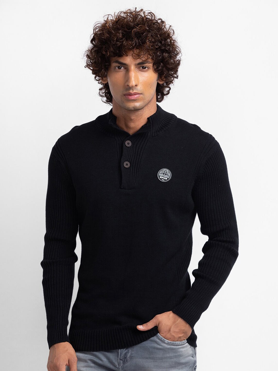 

SPYKAR Men Solid Long Sleeves Mock Collar Pullover, Black
