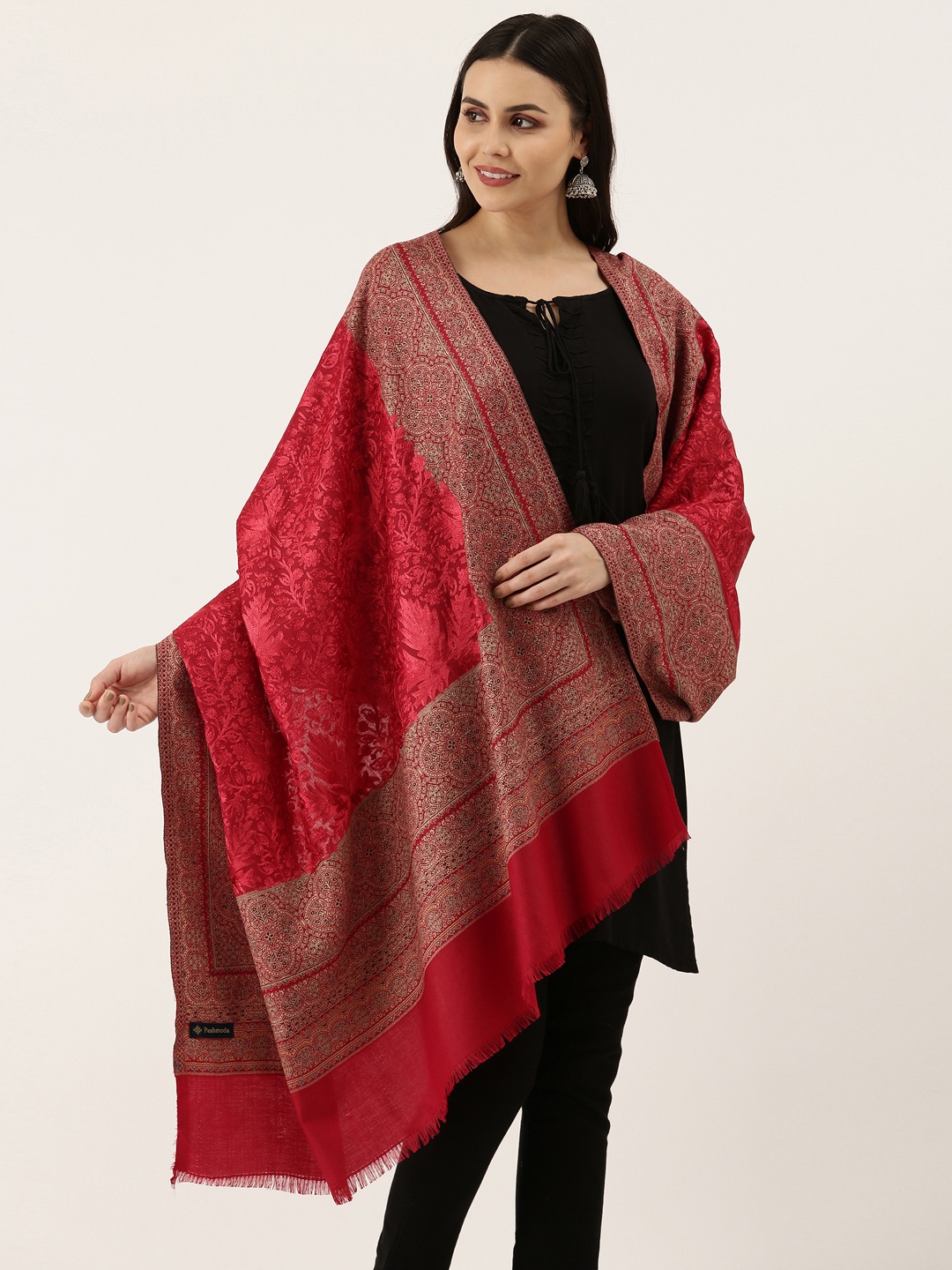 

Pashmoda Women Maroon & Beige Woven Design Jamawar Shawl