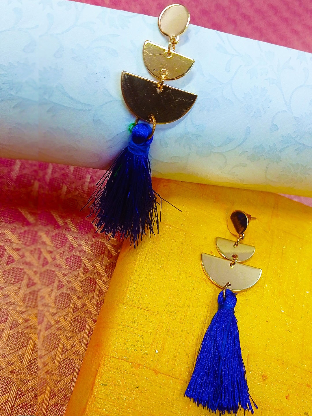 

OOMPH Women Gold-Plated & Blue Contemporary Drop Tassel Earrings