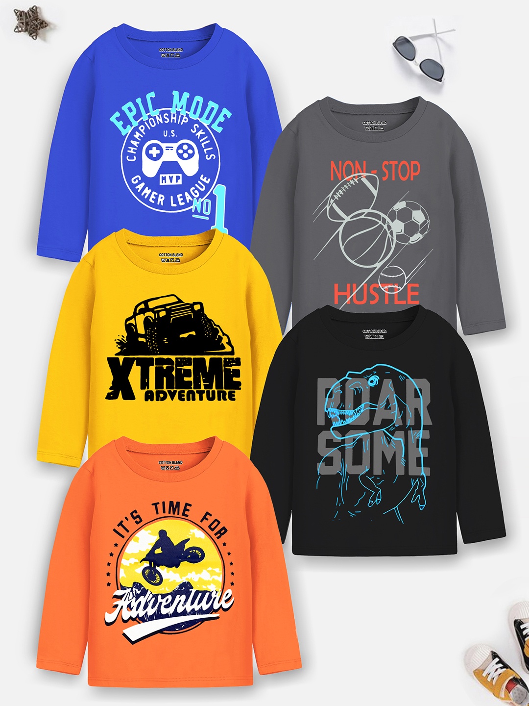 

Trampoline Boys Blue & Black Pack Of 5 Graphic Printed T-shirt