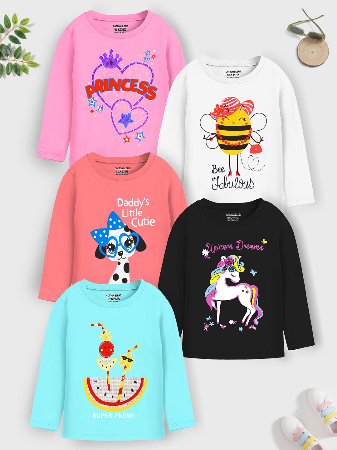 

Trampoline Girls Pink & White Pack Of 5 Graphic Printed T-shirt