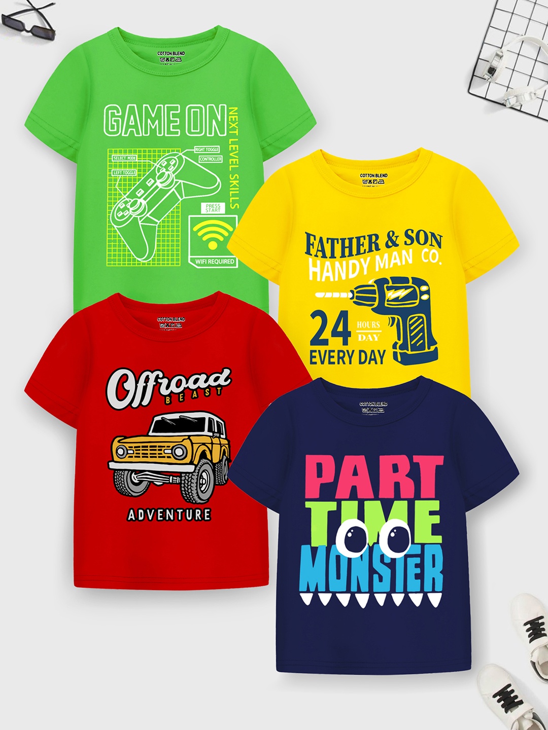 

Trampoline Boys Green & Yellow Pack Of 4 Graphic Printed T-shirt