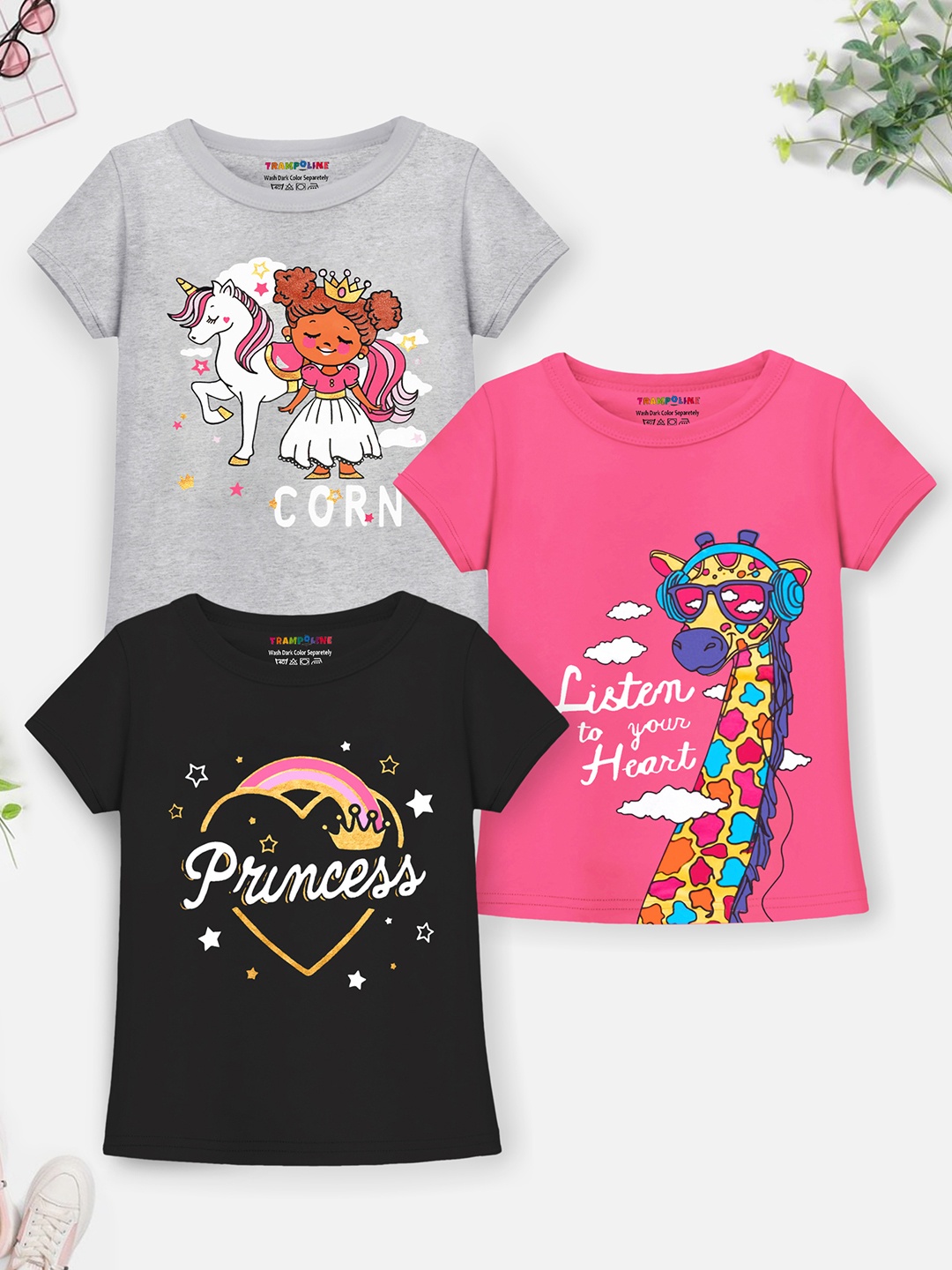 

Trampoline Girls Pack Of 3 Printed Cotton T-shirt, Pink