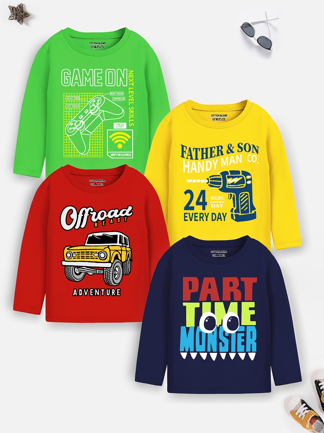 Trampoline Boys Pack Of 4 Typography Printed T-shirt, Green