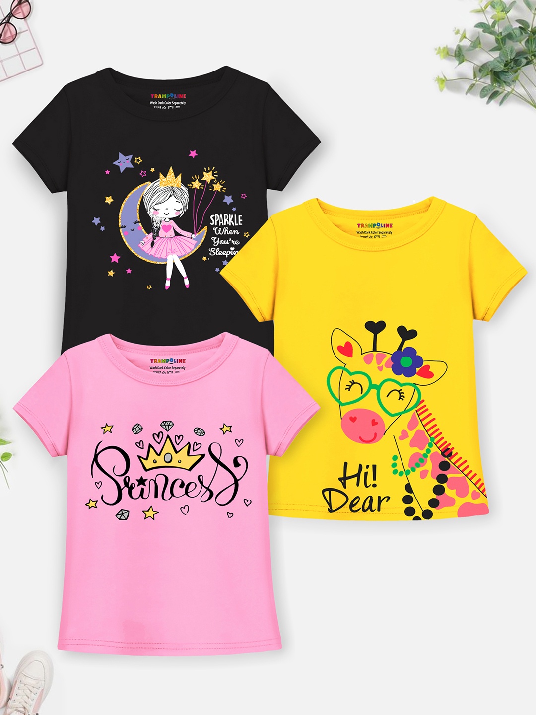 

Trampoline Girls Yellow & Pink Pack of 3 Printed T-shirts