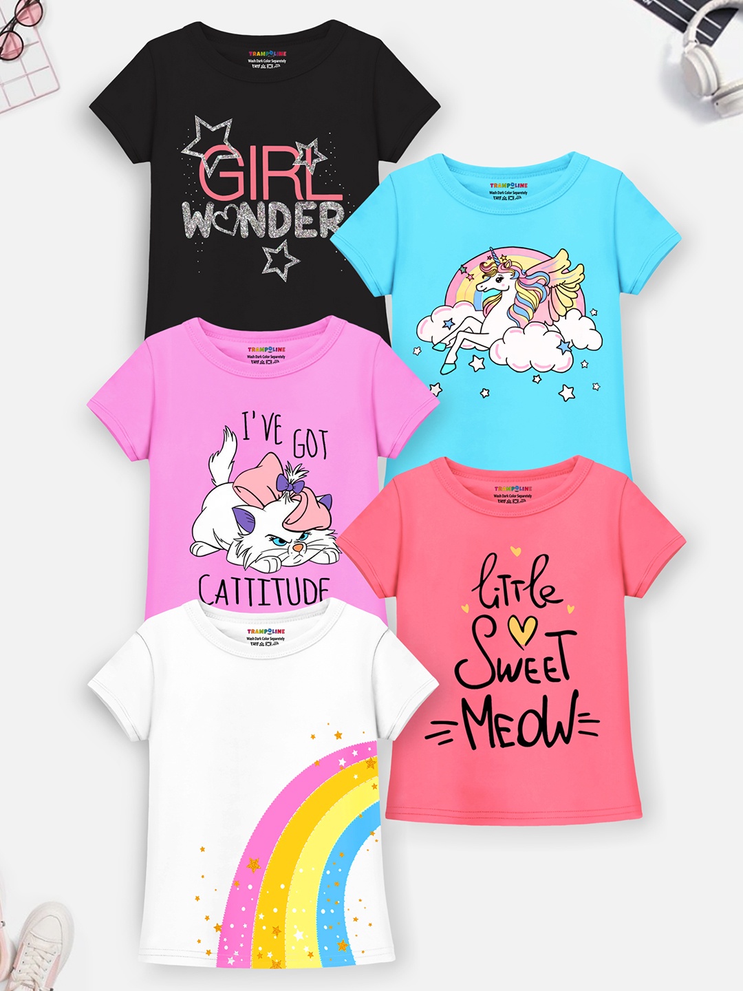 Trampoline Girls Pack of 5 Typography Printed T-shirts, Black