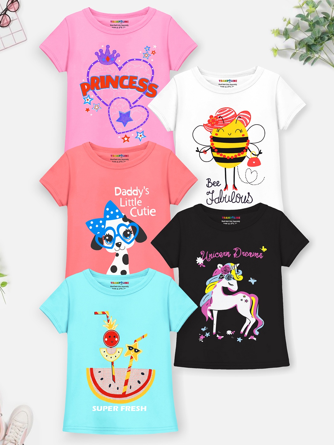 

Trampoline Girls Cotton Pack of 5 Printed T-shirts, Pink