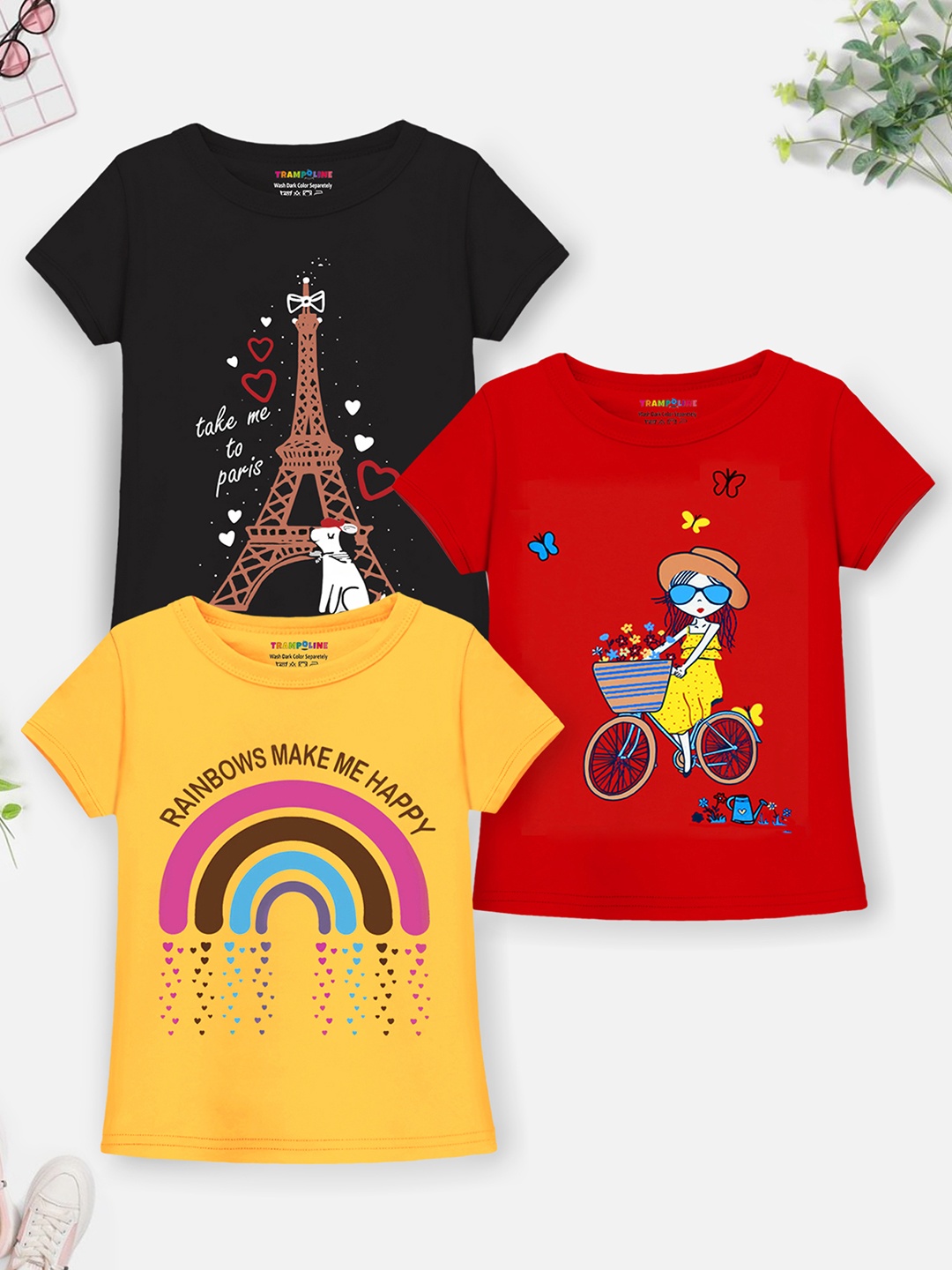 

Trampoline Girls Pack Of 3 Printed Cotton T-shirt, Red