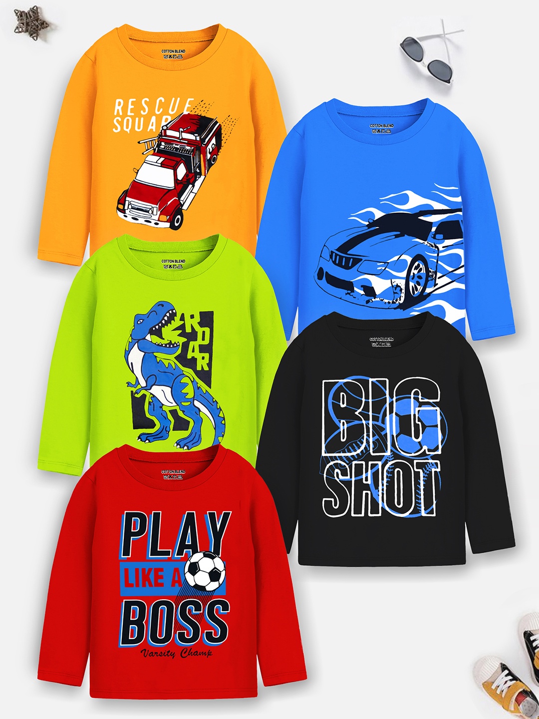 

Trampoline Boys Pack Of 5 Graphic Printed Long Sleeves Cotton T-shirt, Orange