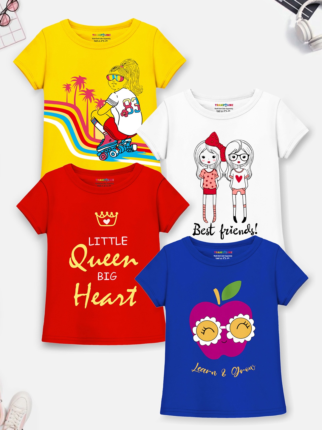 

Trampoline Girls Red & Yellow Pack Of 4 Graphic Printed Cotton T-shirt