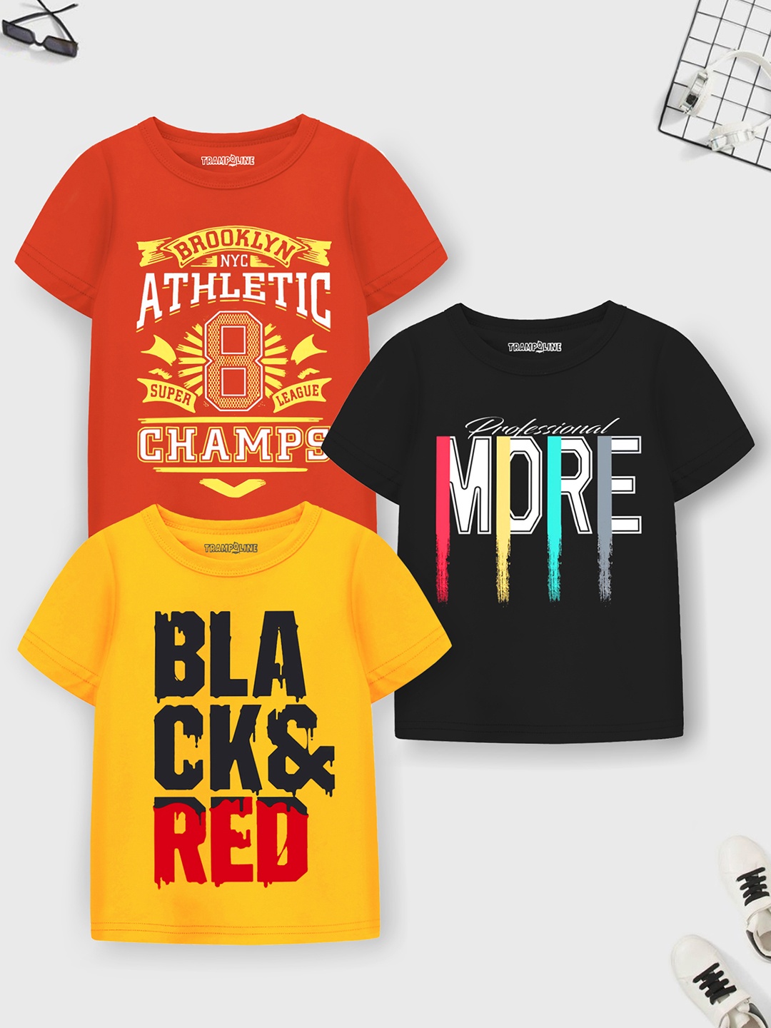 Trampoline Boys Mustard Pack of 3 Typography Printed Cotton T-shirt
