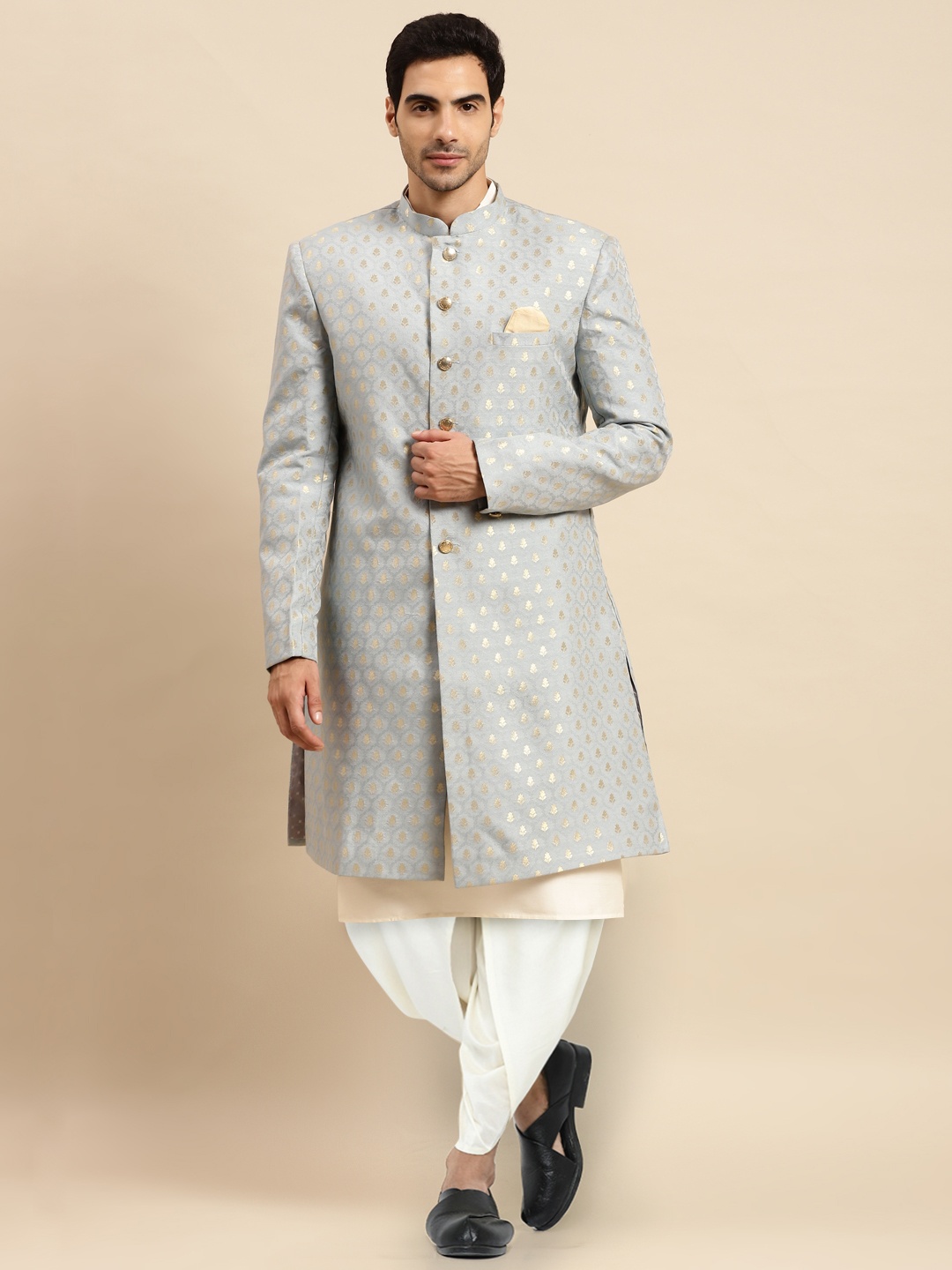 

KISAH Men Printed Cotton Indowestern Sherwani Set, Grey