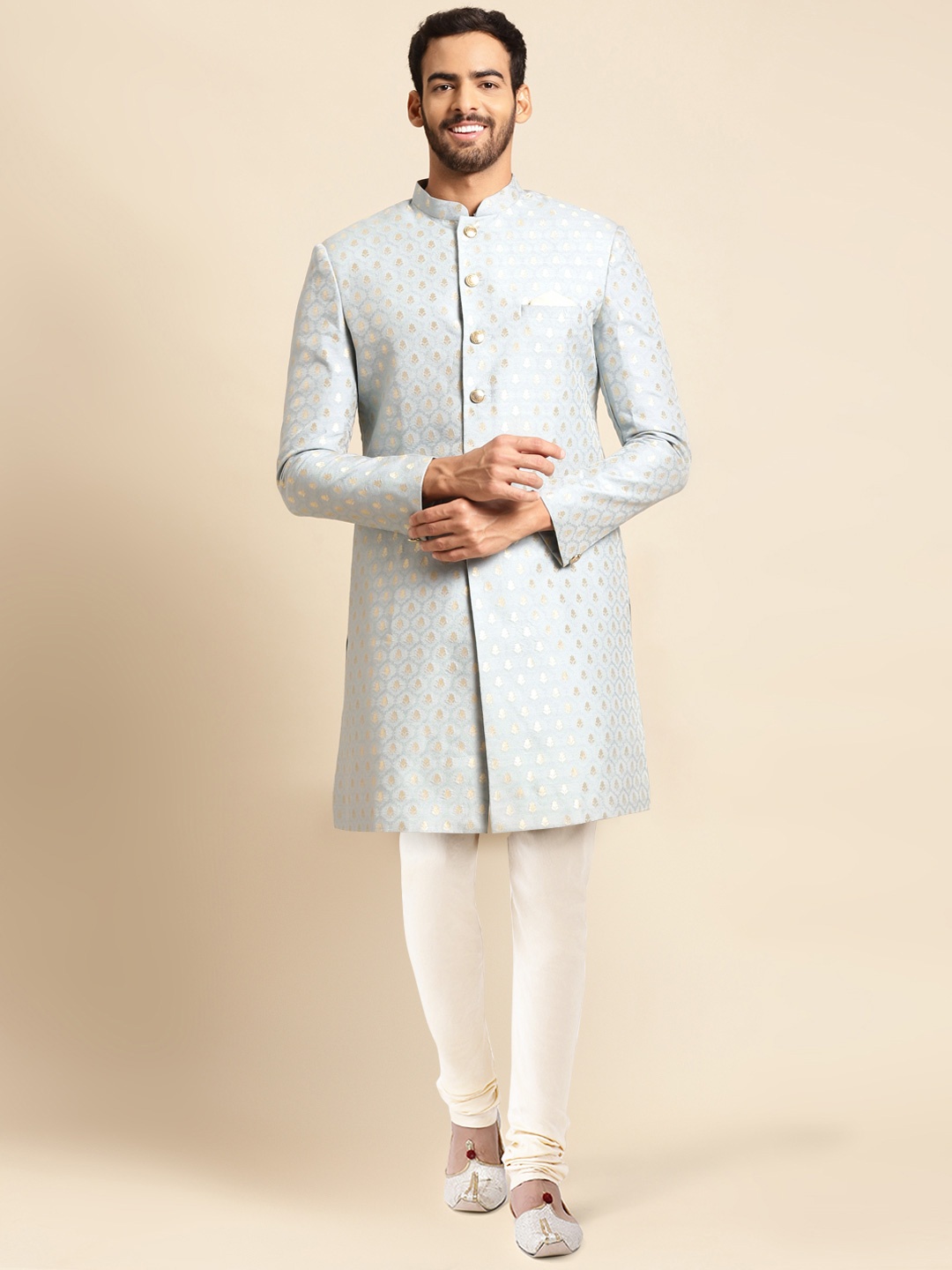 

KISAH Men Grey & Gold Woven Design Cotton Sherwani Set
