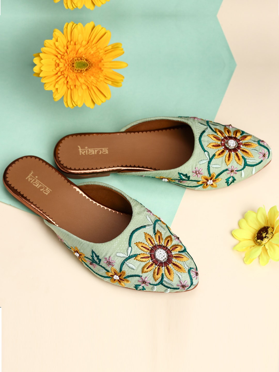 

Kiana Women Sea Green Embroidered Ethnic Mules Flats