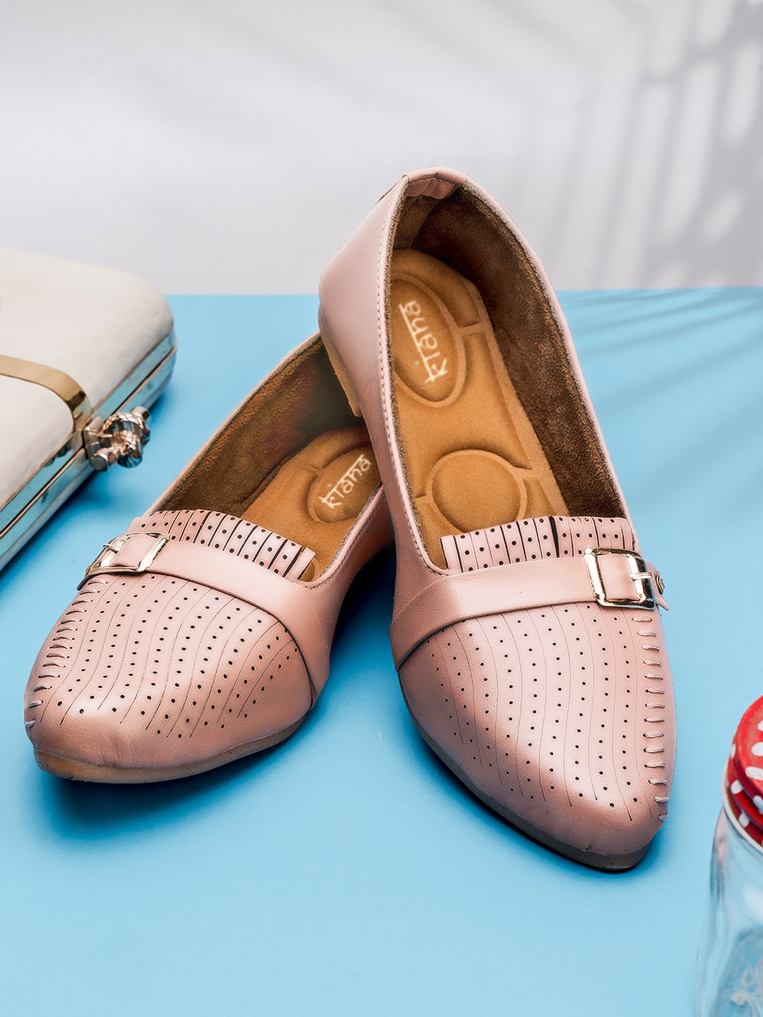 

Kiana Women Peach-Coloured Textured Ballerinas with Buckles Flats