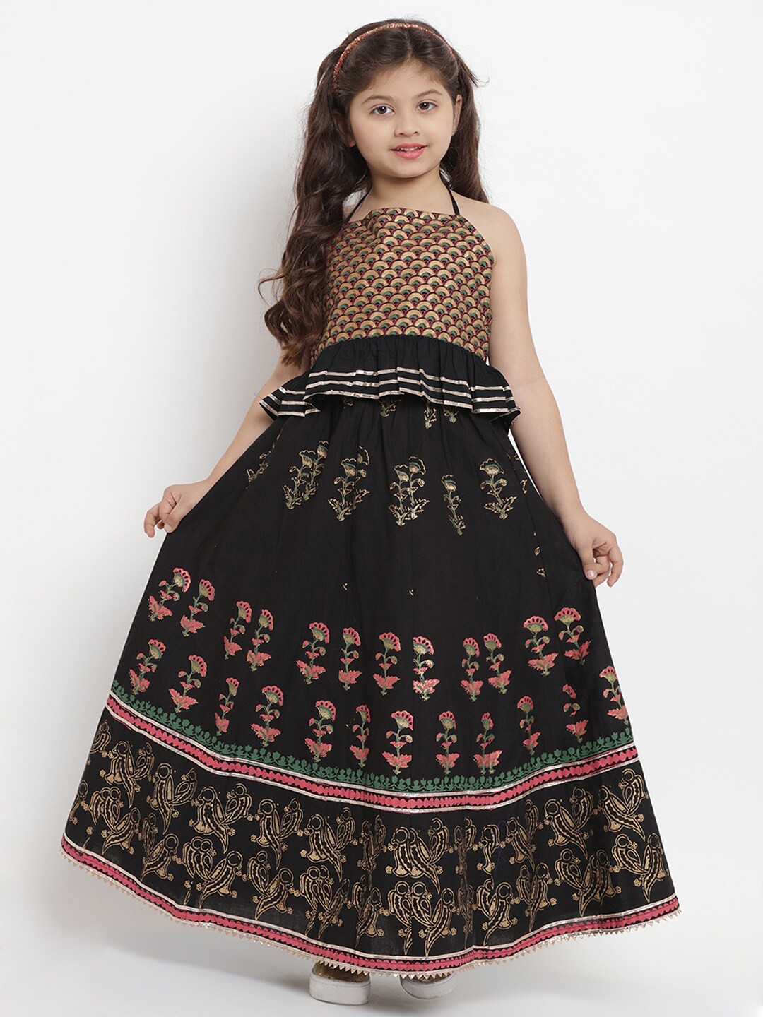 

Bitiya by Bhama Girls Black & Pink Printed Ready to Wear Cotton Lehenga & Choli