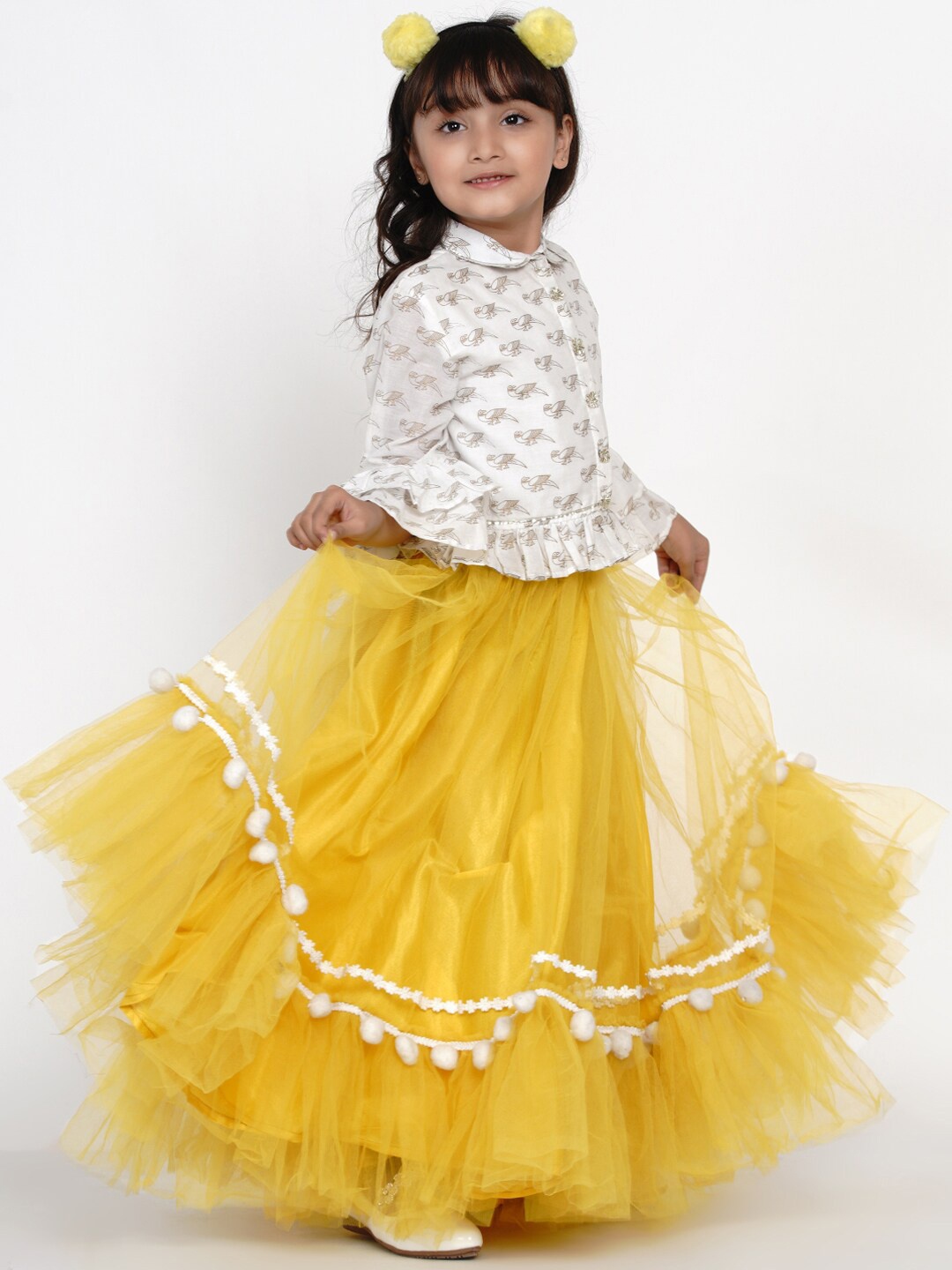 

Bitiya by Bhama Girls White & Yellow Printed Ready to Wear Lehenga & Choli