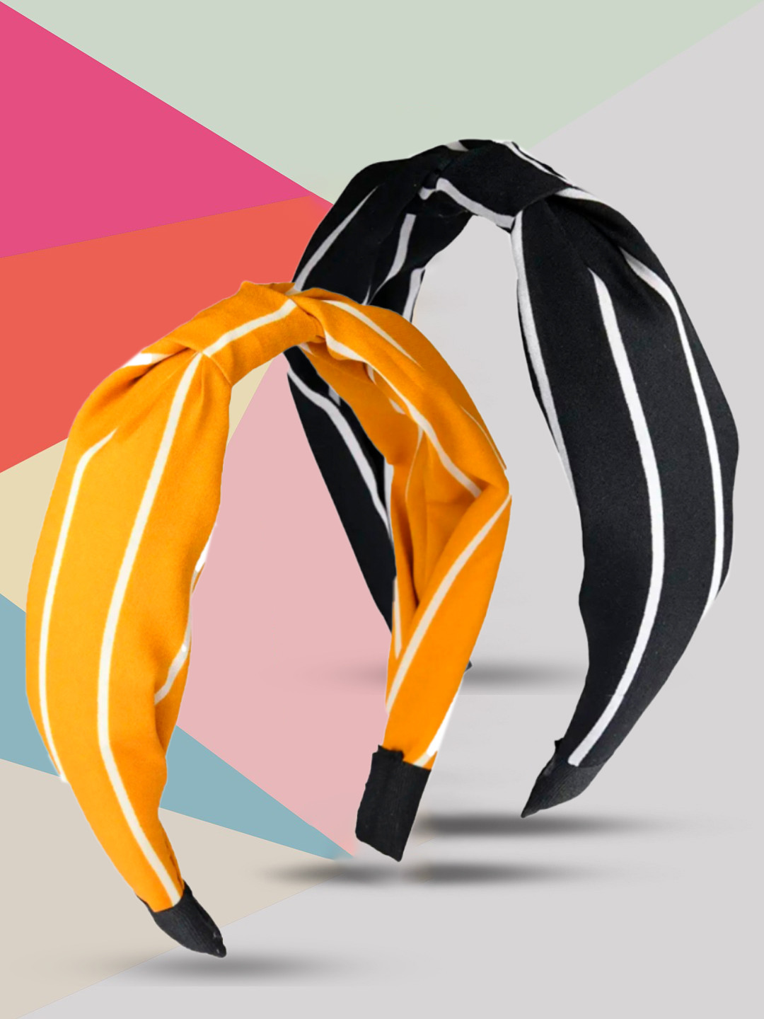 

OOMPH Women Set of 2 Yellow & Black Striped Hairband