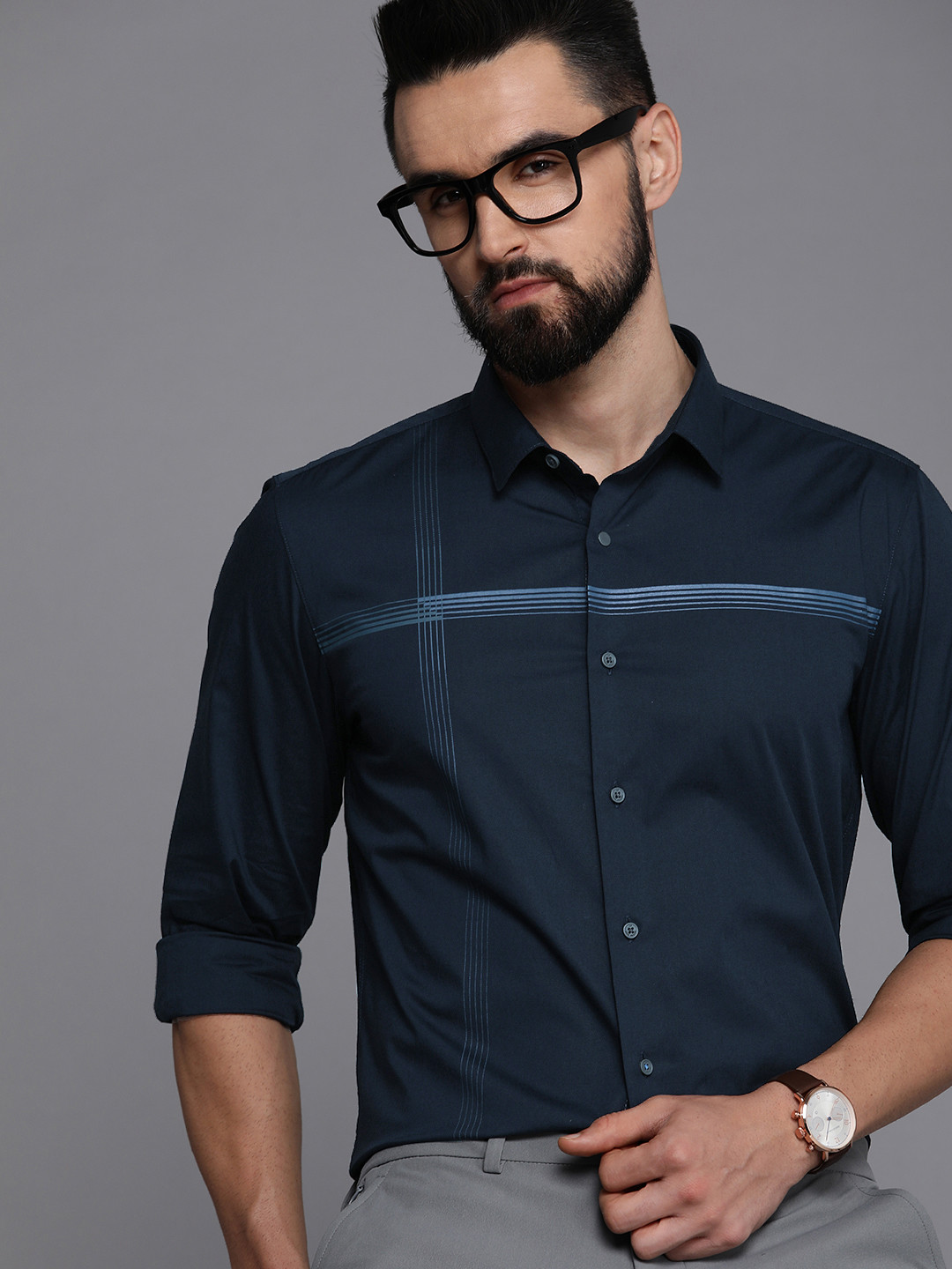 

Louis Philippe Ath Work Men Super Slim Fit Striped Smart Casual Shirt, Navy blue