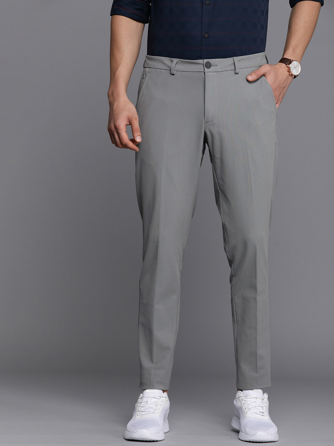 

Louis Philippe Ath Work Men Comfy Tapered Fit Low-Rise Trousers, Grey