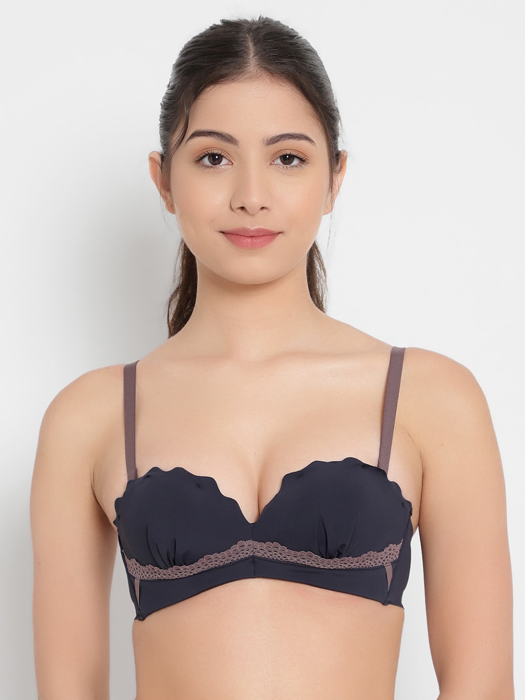 

PARKHA Navy Blue & Mauve Colourblocked Heavily Padded Lace Detail Bra