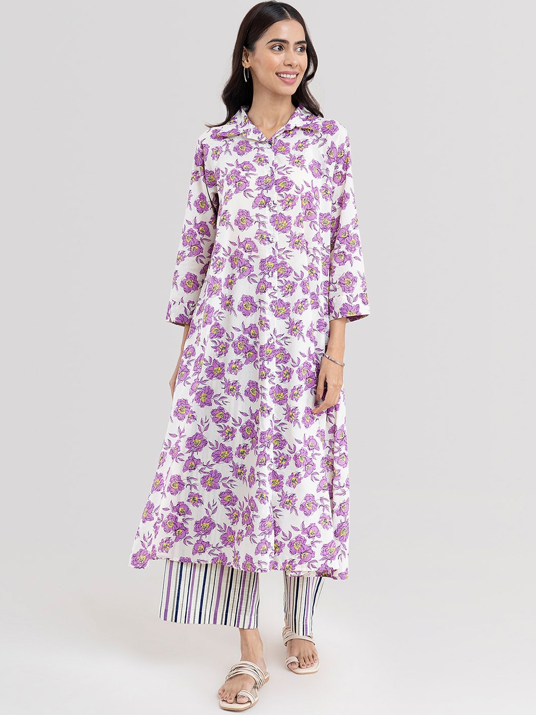 

Pink Fort Women Floral Printed Pure Cotton Kurta with Palazzos, Cream